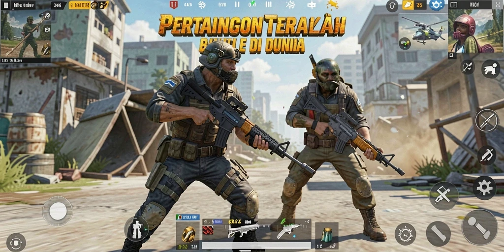 Screenshot gameplay menampilkan aksi menegangkan dalam Battle Royale.