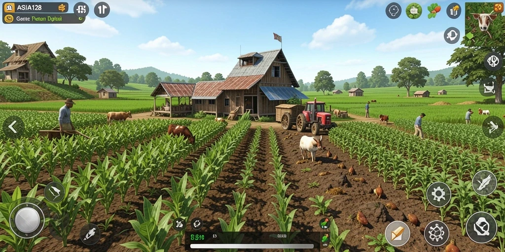 Ilustrasi gameplay ASIA128 dengan aktivitas bertani yang seru.