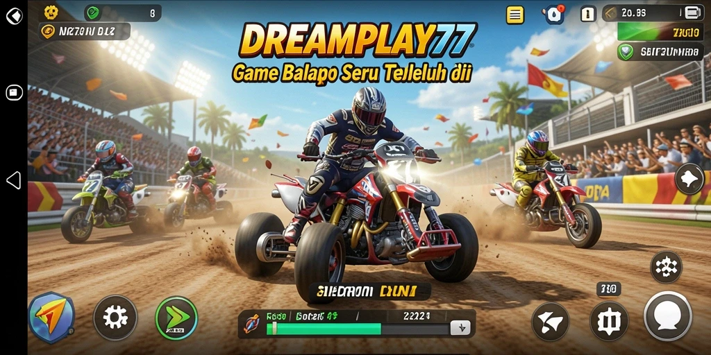 Gameplay DREAMPLAY77 dengan balapan seru dan kendaraan yang keren.