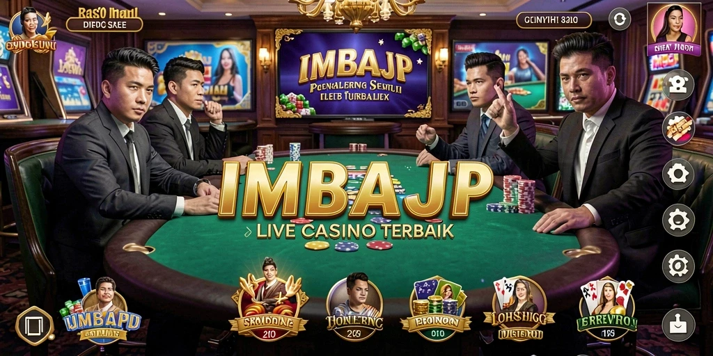 Tampilan utama IMBAJP dengan dealer dan permainan Live Casino yang menarik.