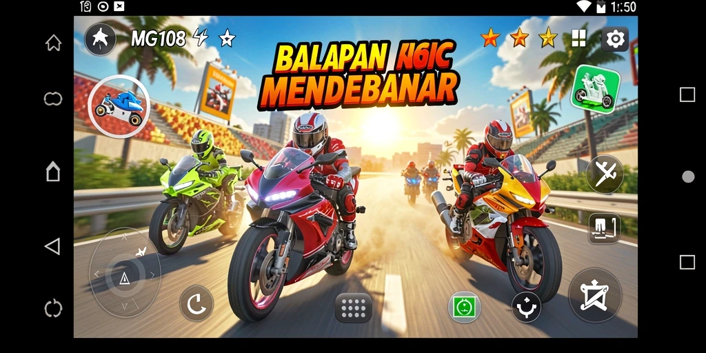 Screenshot gameplay MG108 menampilkan balapan motor yang intens dan mendebarkan.