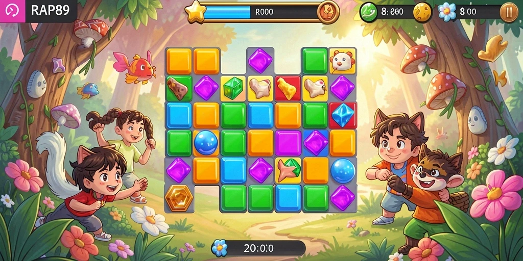 Gambar menampilkan gameplay seru dalam RAP89 dengan elemen Match-3 yang berwarna-warni.