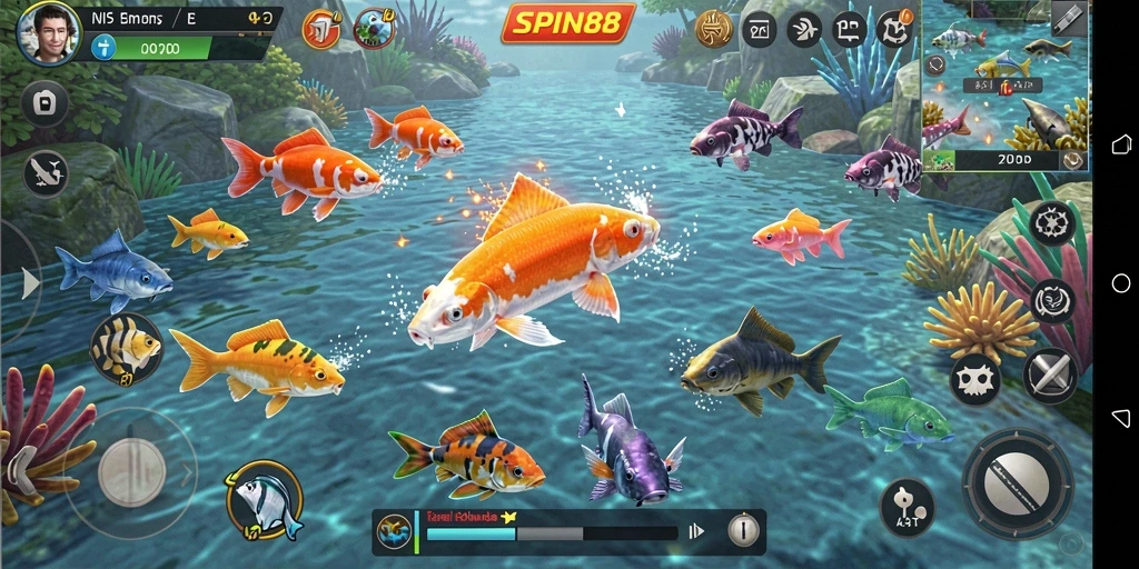 Menampilkan gameplay seru SPIN88 dengan aksi menembak ikan.