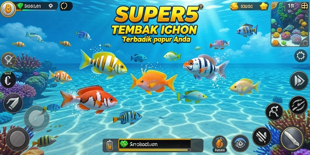 Tampilan gameplay SUPER5 yang seru dan menantang saat menembak ikan.